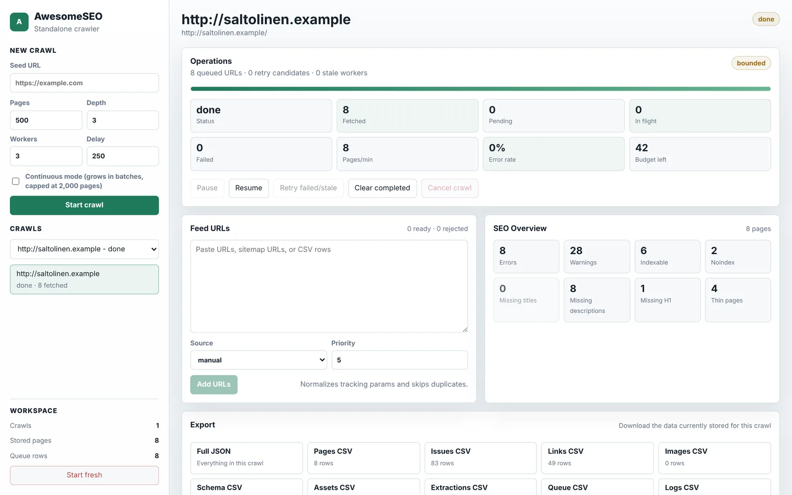 The AwesomeSEO desktop crawler after crawling an example shop: 8 pages fetched, 8 errors, 28 warnings, 2 noindex pages, 1 missing H1 and 8 missing descriptions.