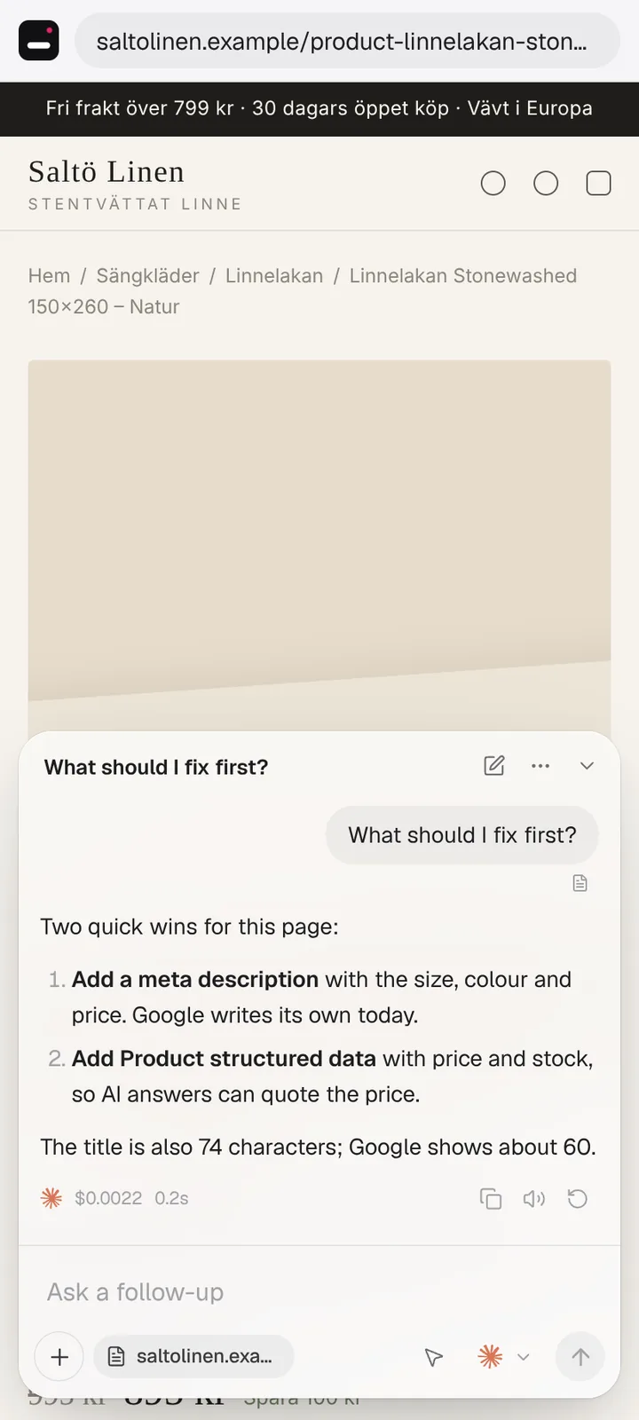 Ægentica on a phone: an example product page shared from Chrome, with the bar answering “What should I fix first?”.