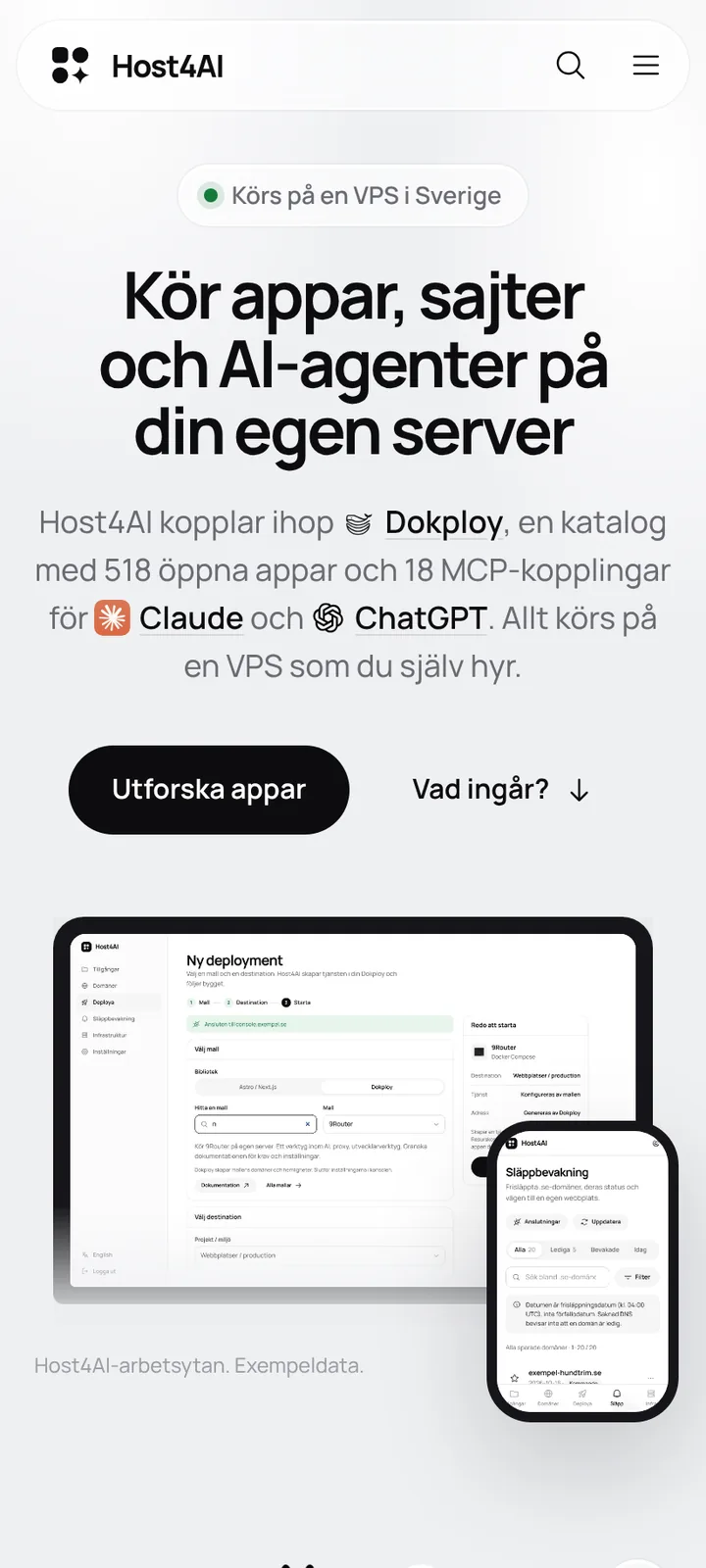 The host4ai.se homepage on a phone.