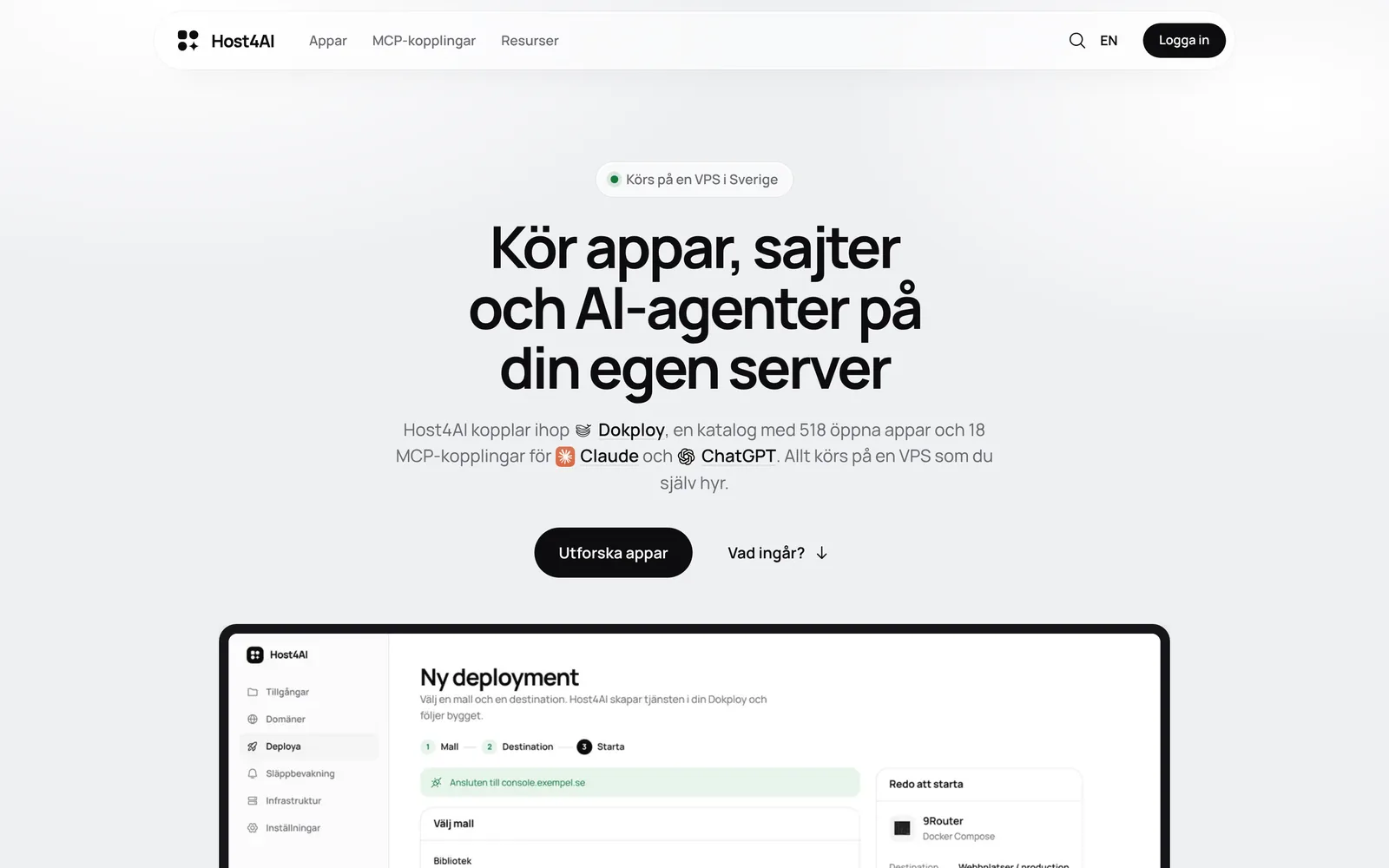 The host4ai.se homepage: run apps, sites and AI agents on your own server.